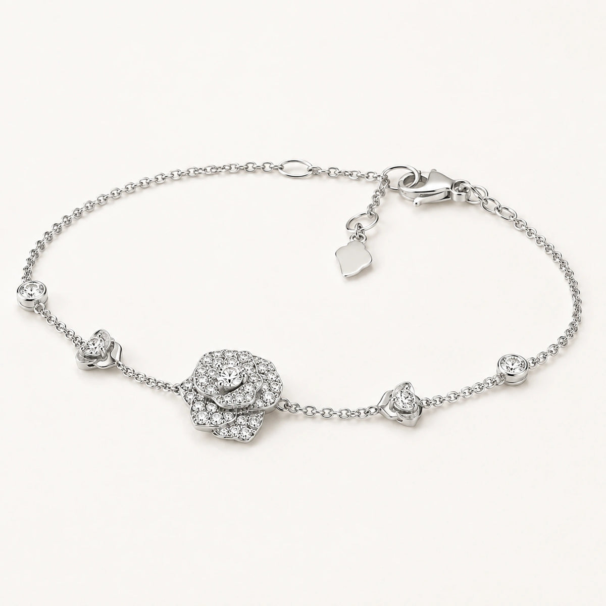 Oblique view of crystal rose bracelet showing raised flower and clasp construction