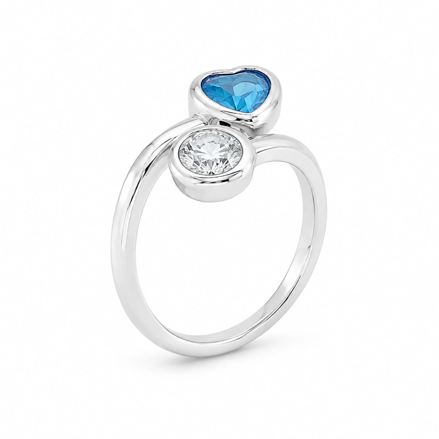 Side oblique view of blue heart and clear round accent sterling silver ring