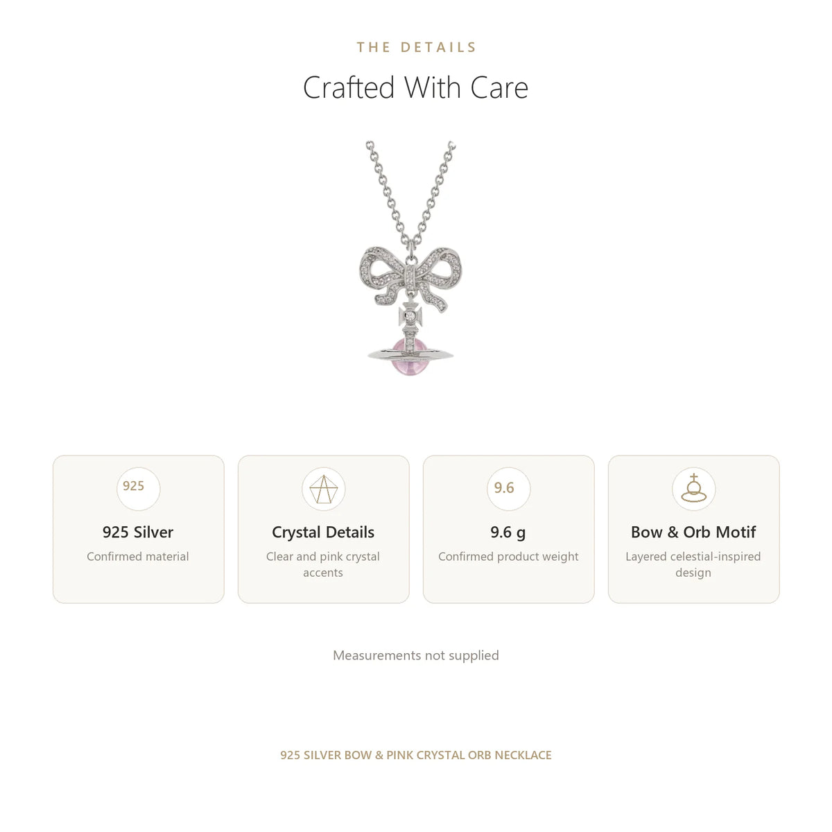 Bow & Pink Crystal Orb Pendant Necklace in 925 Silver