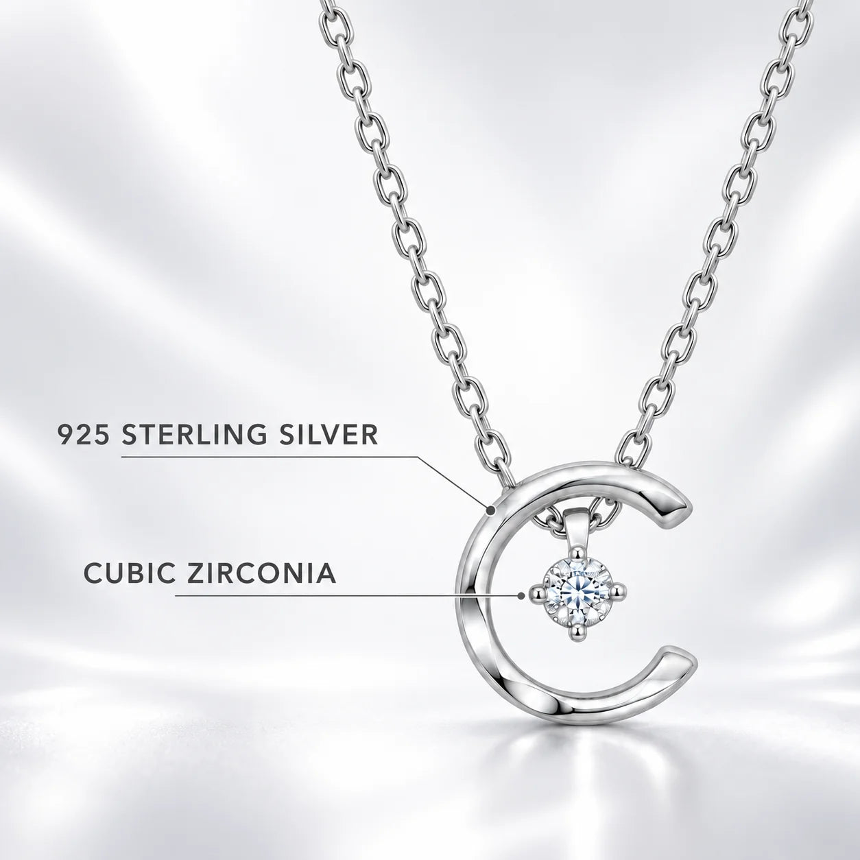 925 Sterling Silver Crescent Moon CZ Pendant Necklace