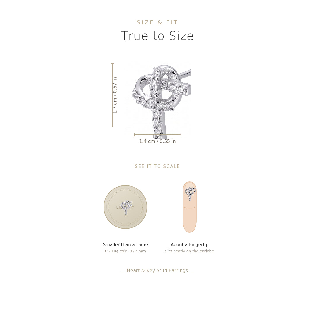 Heart & Key Stud Earrings Sterling Silver CZ
