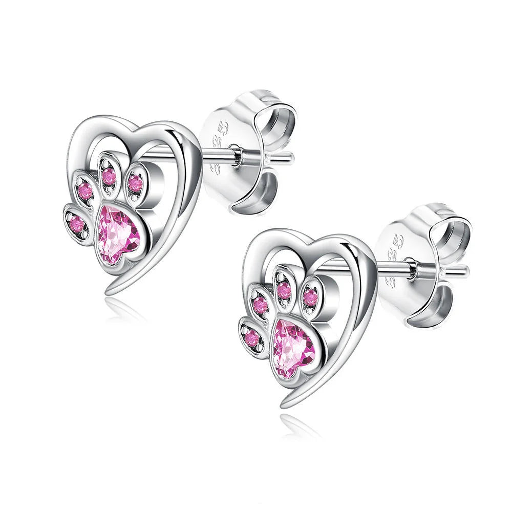 925 Sterling Silver Crystal Paw Print Heart Stud Earrings for Pet Lovers