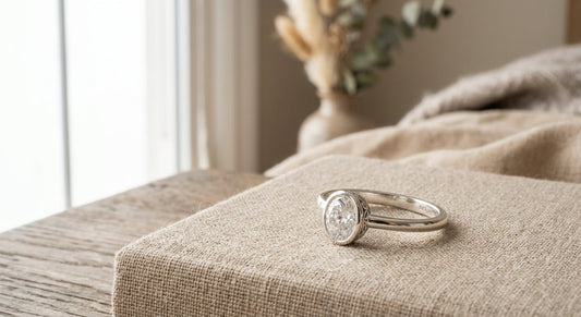 An elegant sterling silver ring resting on a clean neutral surface.