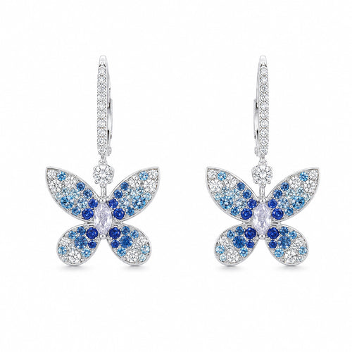 Front view of 925 sterling silver blue butterfly drop earrings on a white background