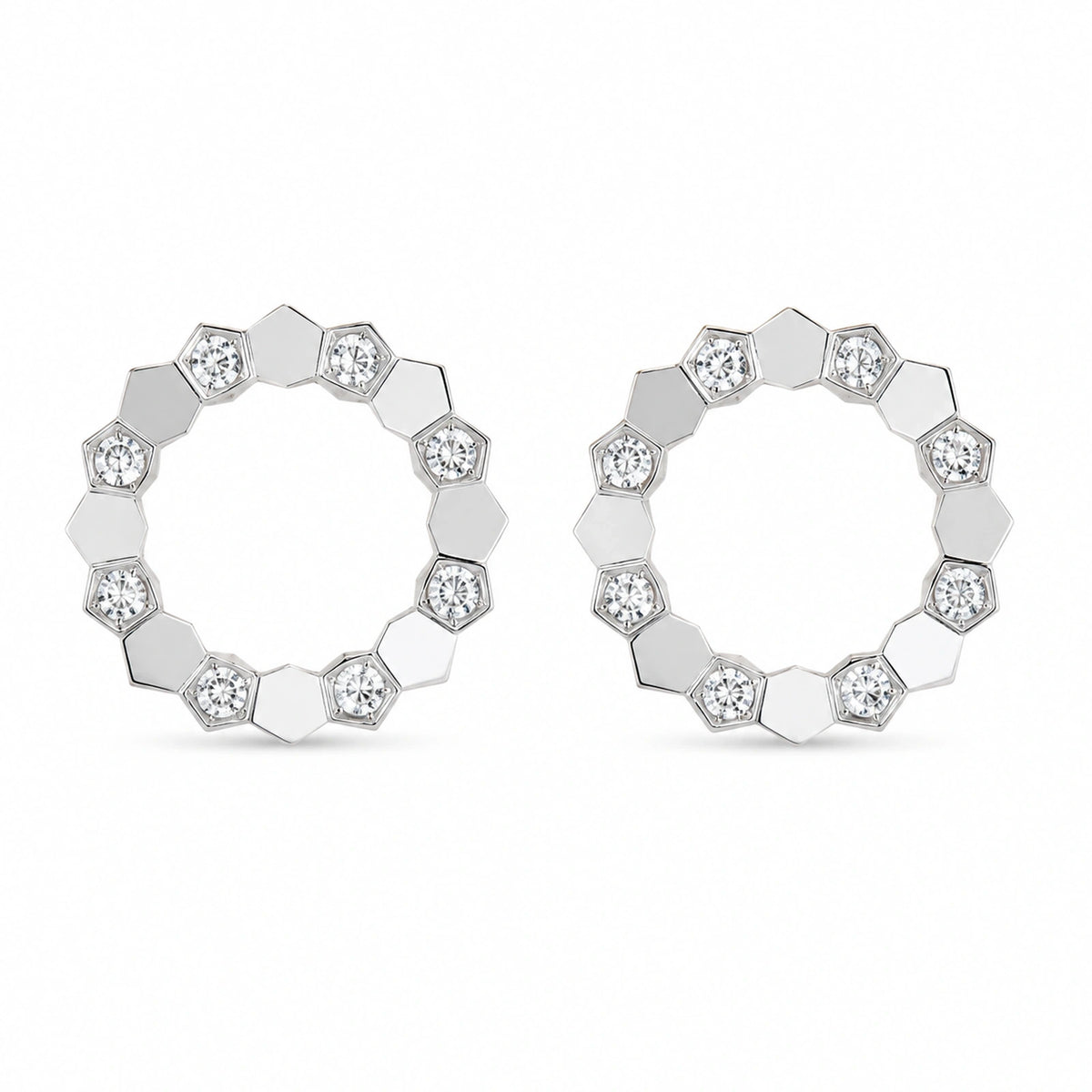 Front view of 925 sterling silver geometric open circle stud earrings on white