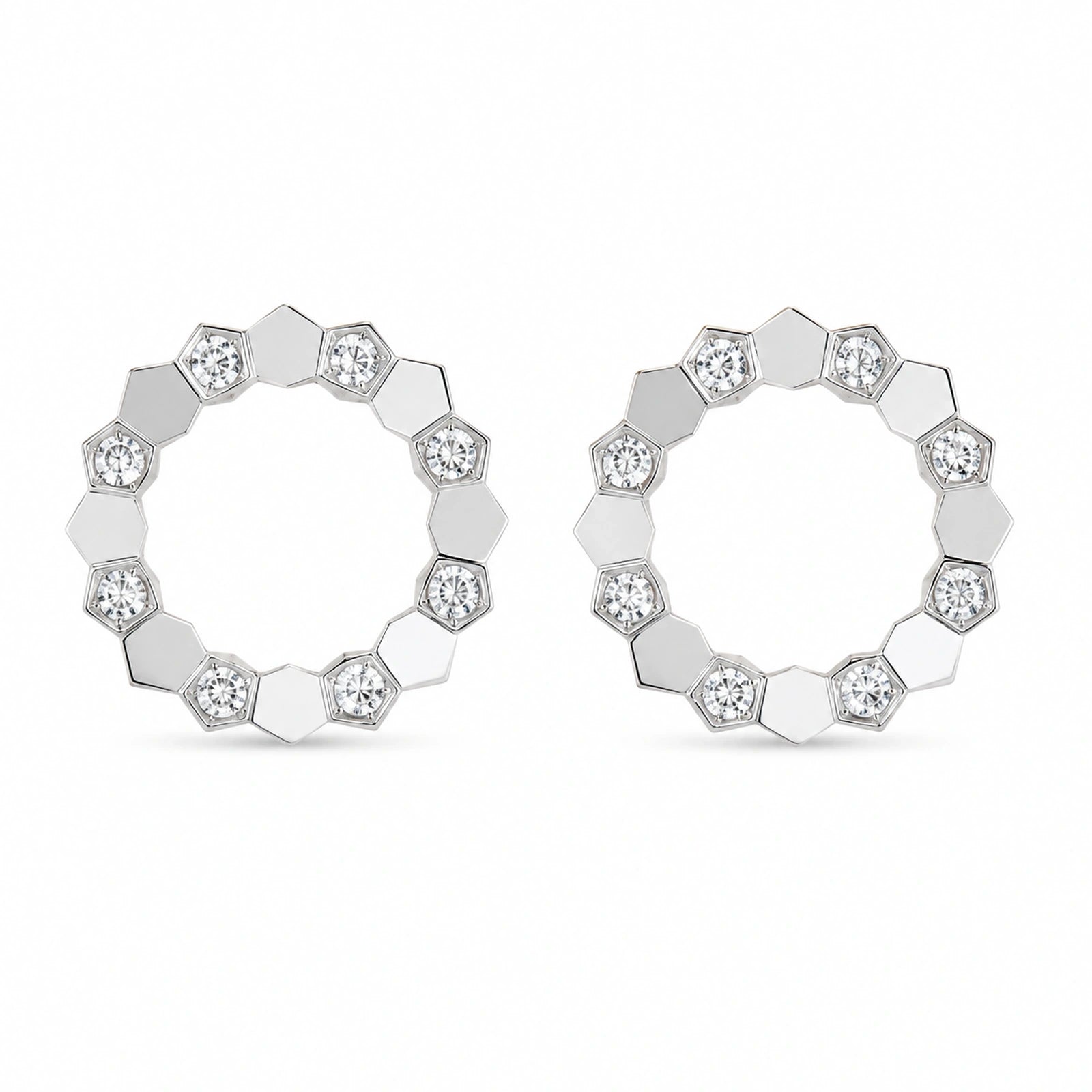 Front view of 925 sterling silver geometric open circle stud earrings on white