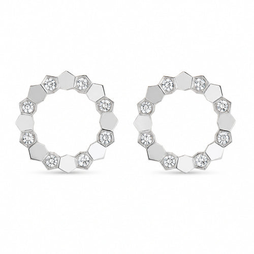 Front view of 925 sterling silver geometric open circle stud earrings on white