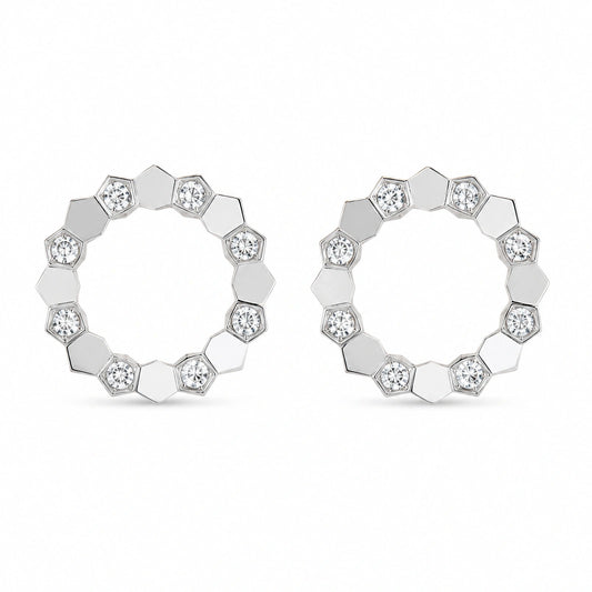 Front view of 925 sterling silver geometric open circle stud earrings on white