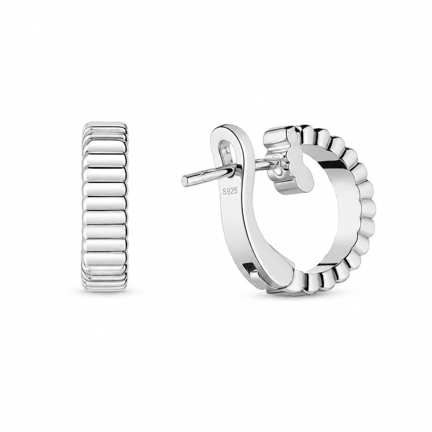 Pair of 925 sterling silver ribbed wide half-hoop earrings on white