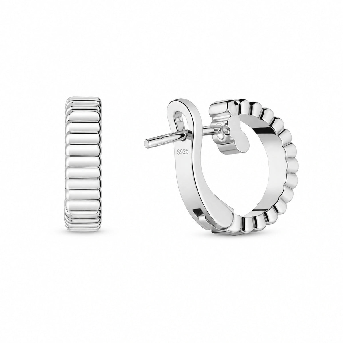 Pair of 925 sterling silver ribbed wide half-hoop earrings on white