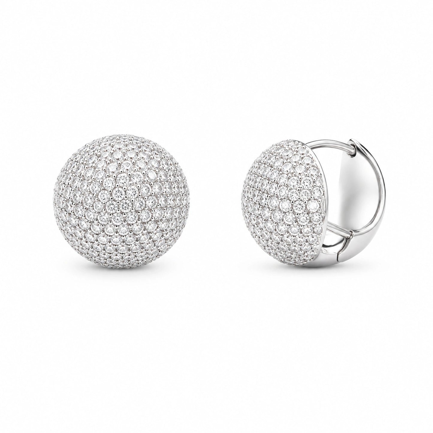 Front and three-quarter views of 925 sterling silver round pave dome huggie earrings on white