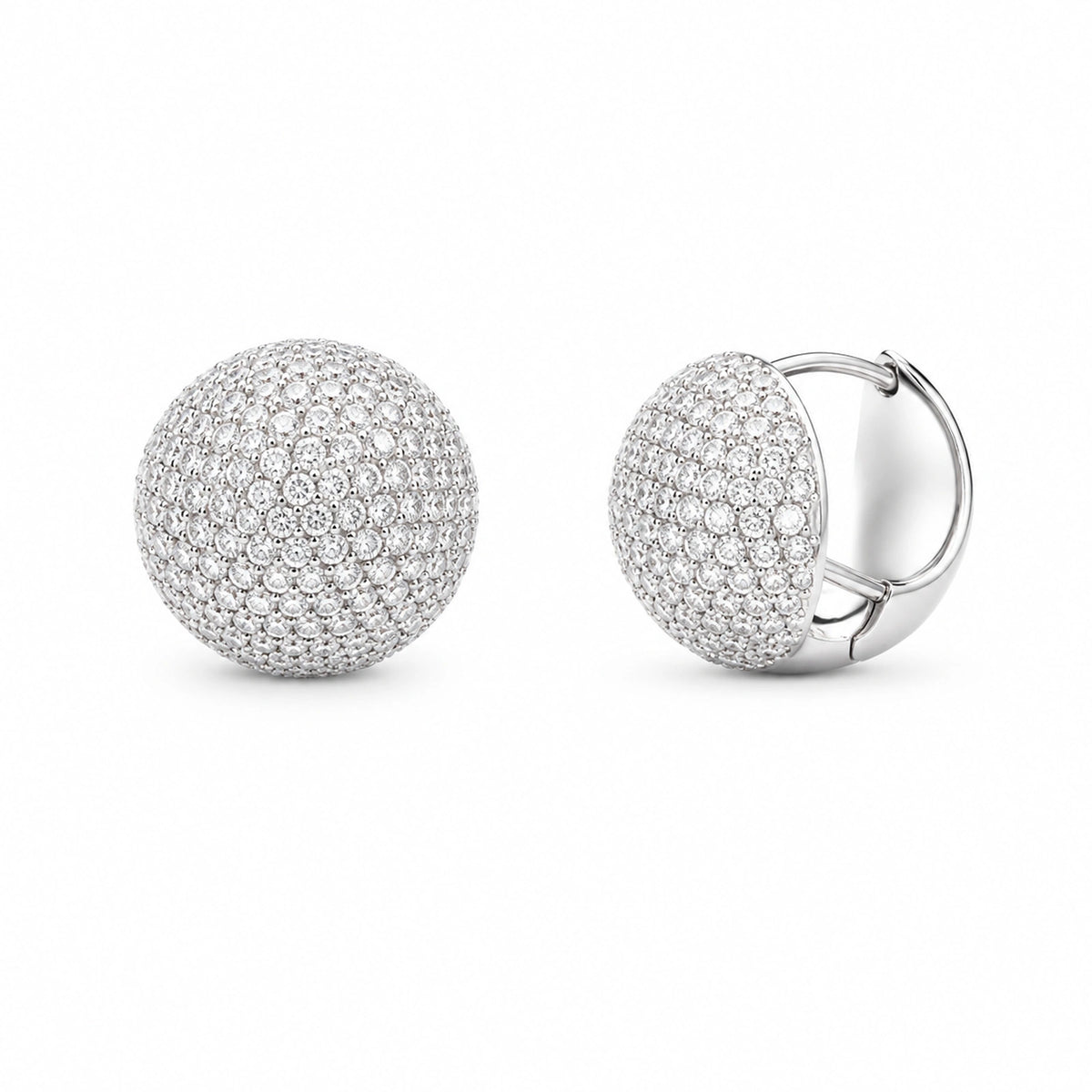 Front and three-quarter views of 925 sterling silver round pave dome huggie earrings on white