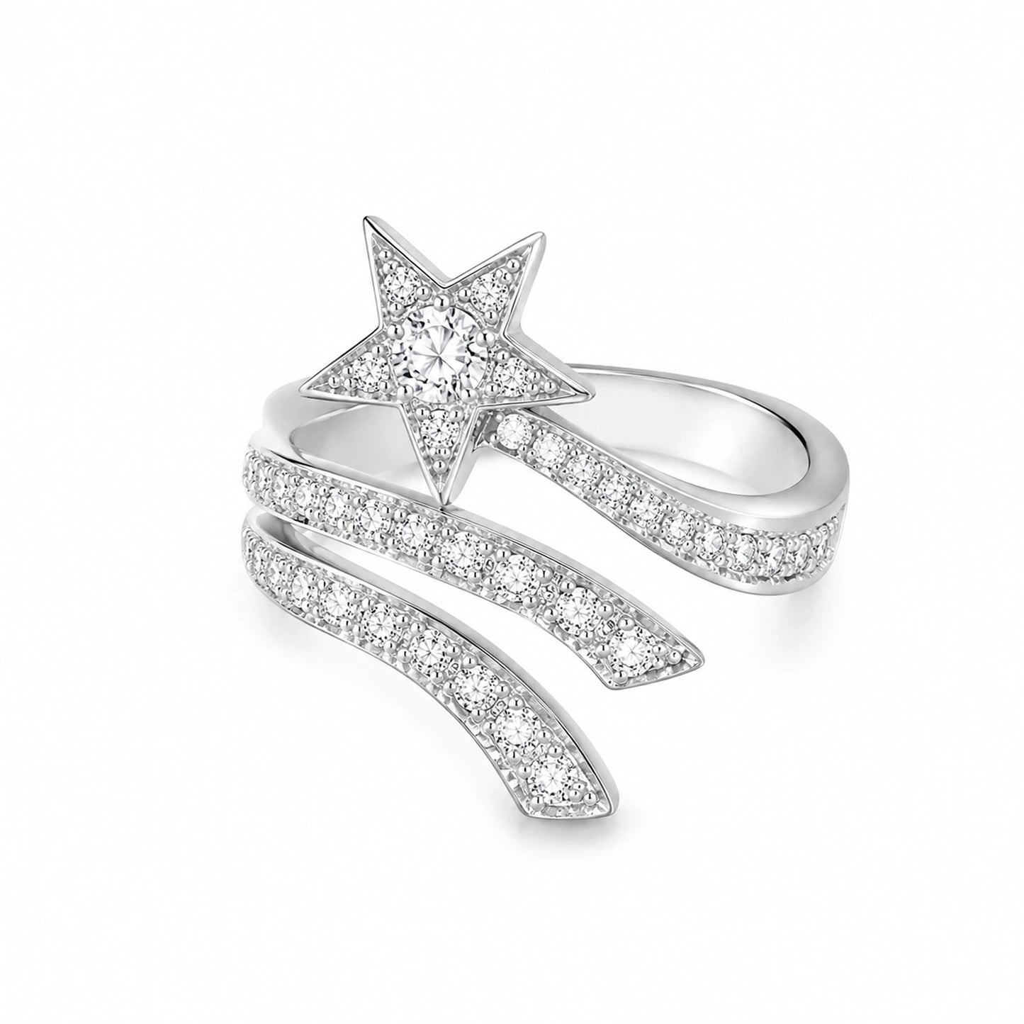 925 sterling silver shooting star wrap ring on a white background