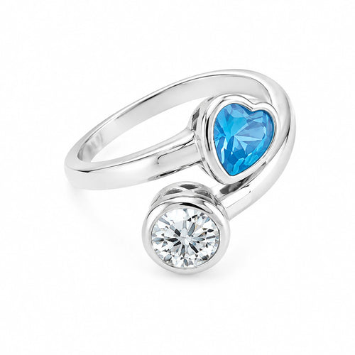 Blue heart and clear round accent 925 sterling silver bypass ring on white