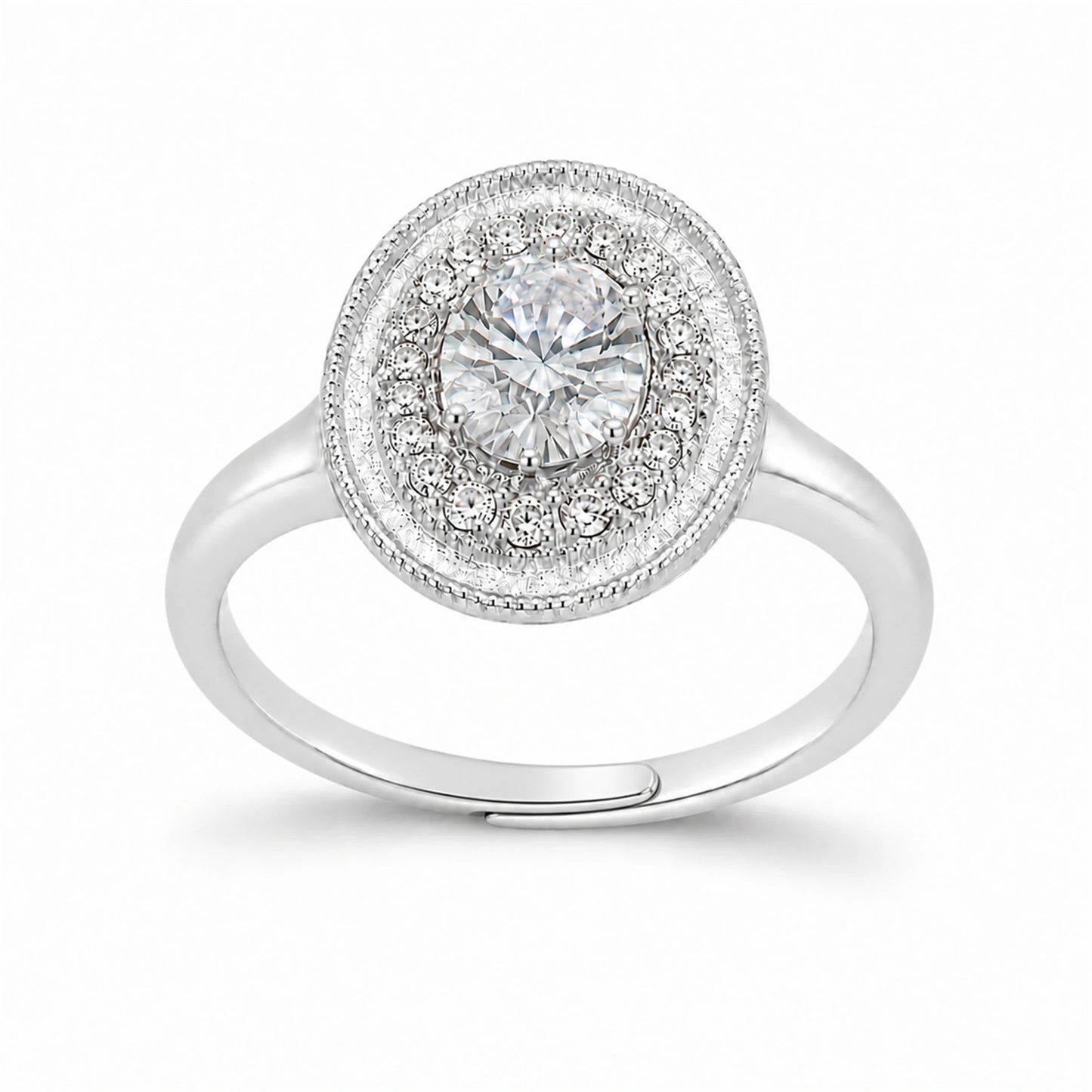 Oval halo adjustable 925 sterling silver ring on a white background