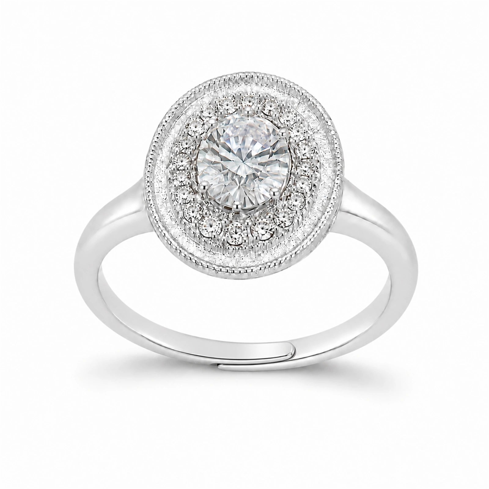 Oval halo adjustable 925 sterling silver ring on a white background