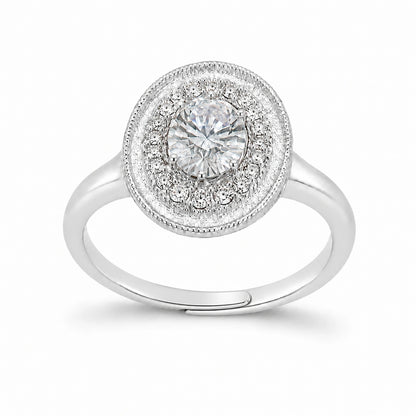 Oval halo adjustable 925 sterling silver ring on a white background