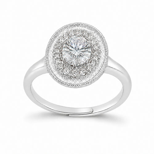 Oval halo adjustable 925 sterling silver ring on a white background
