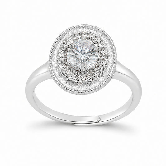 Oval halo adjustable 925 sterling silver ring on a white background