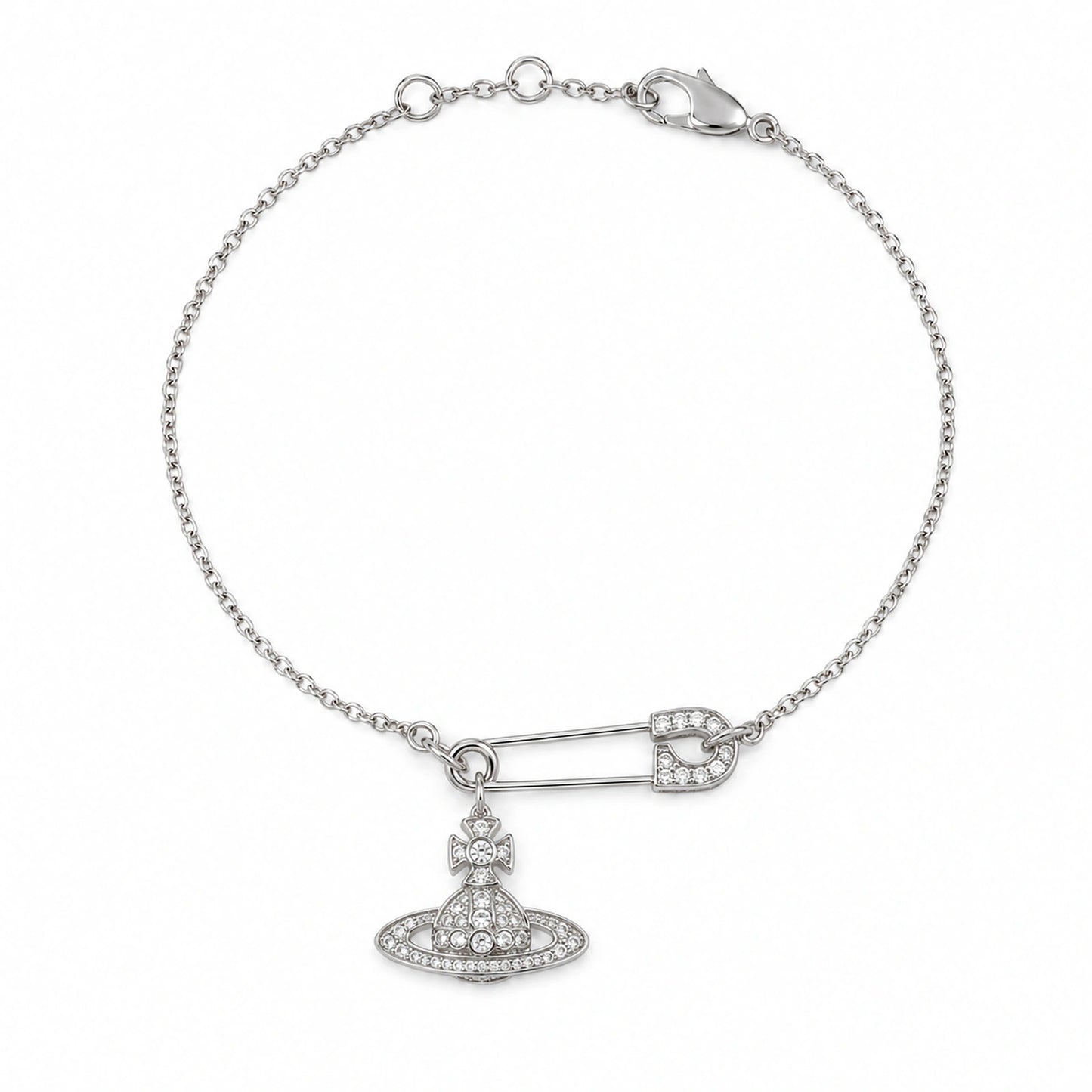 Silver-tone safety pin orb charm bracelet on a white background.