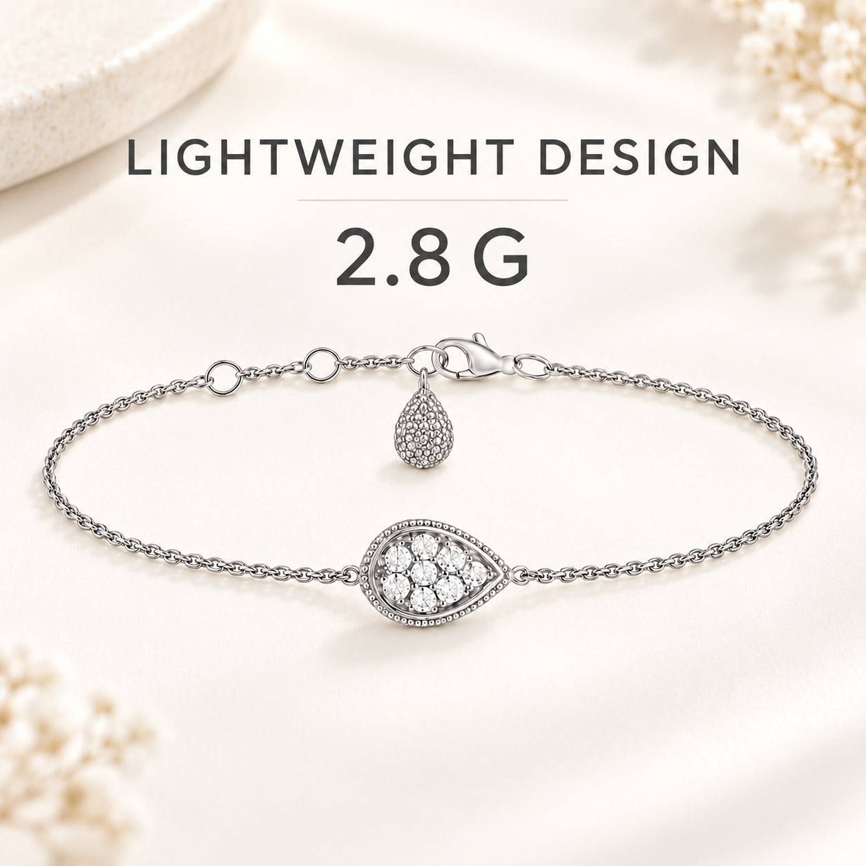 Lightweight 925 silver crystal teardrop bracelet with confirmed 2.8 g weight.