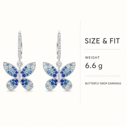 Size and fit infographic for blue butterfly drop earrings showing 6.6 g weight