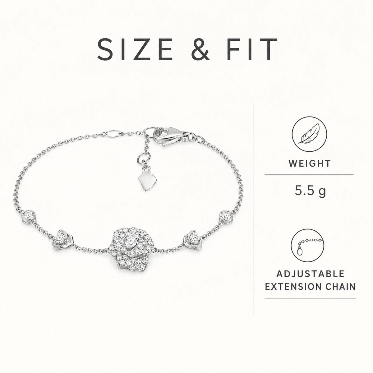 Size and fit graphic for 925 sterling silver crystal rose bracelet weighing 5.5 grams