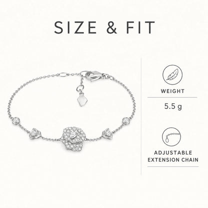 Size and fit graphic for 925 sterling silver crystal rose bracelet weighing 5.5 grams