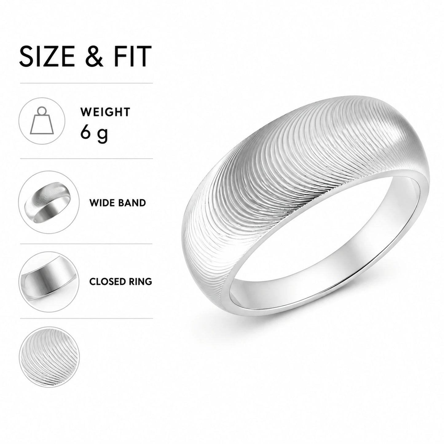 Fingerprint texture wide band ring weight graphic showing 6 grams