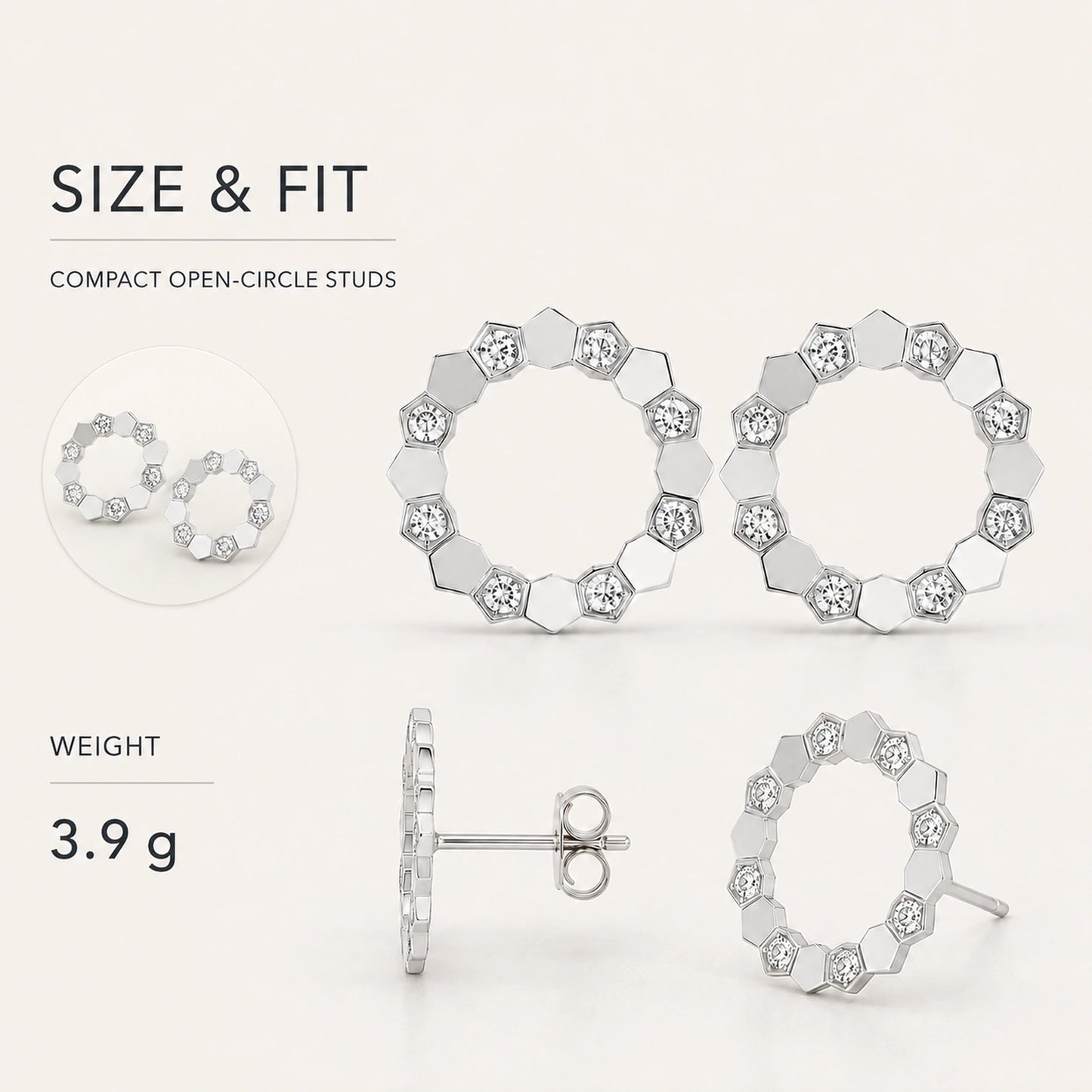 Size and fit infographic for geometric open circle stud earrings showing 3.9 g weight