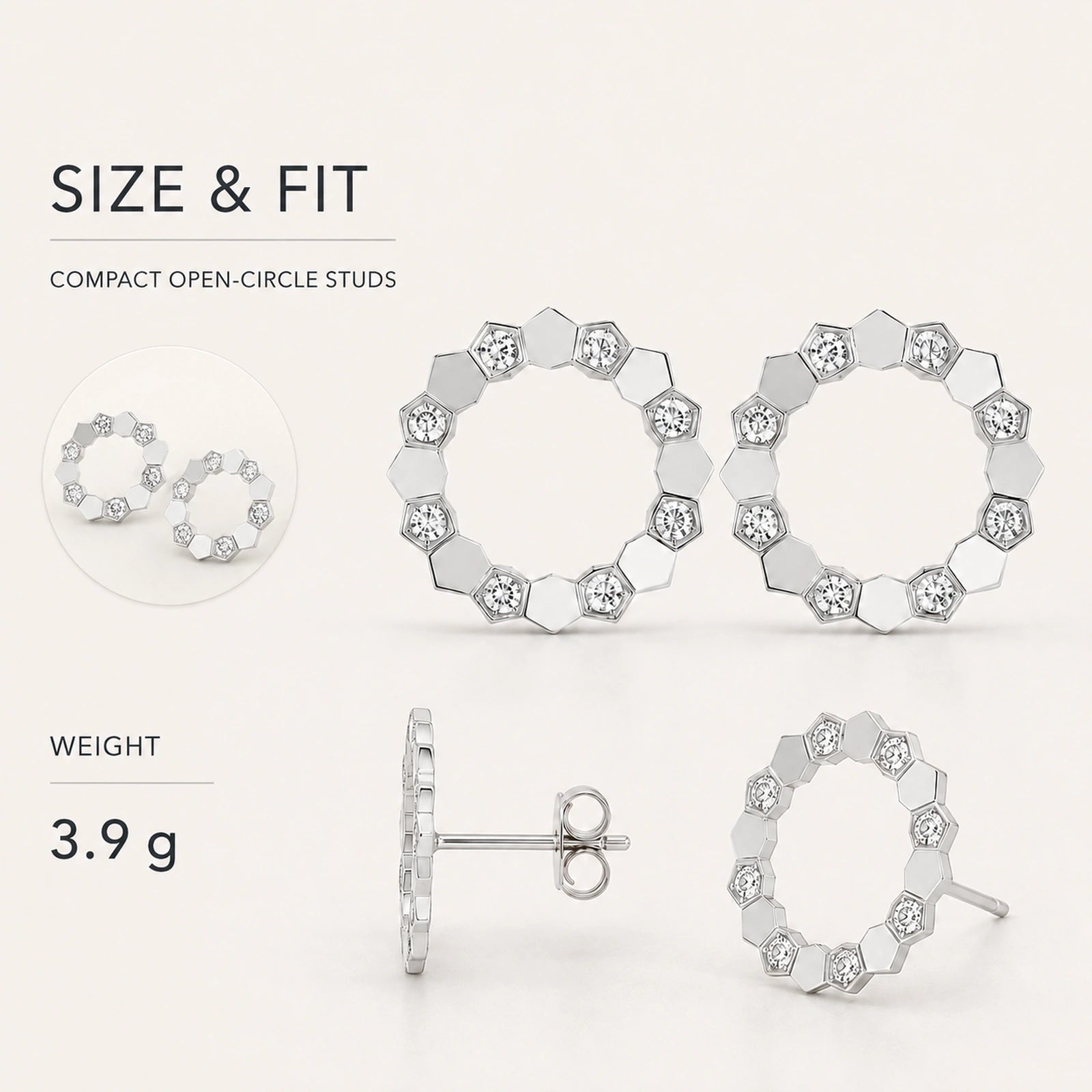 Size and fit infographic for geometric open circle stud earrings showing 3.9 g weight