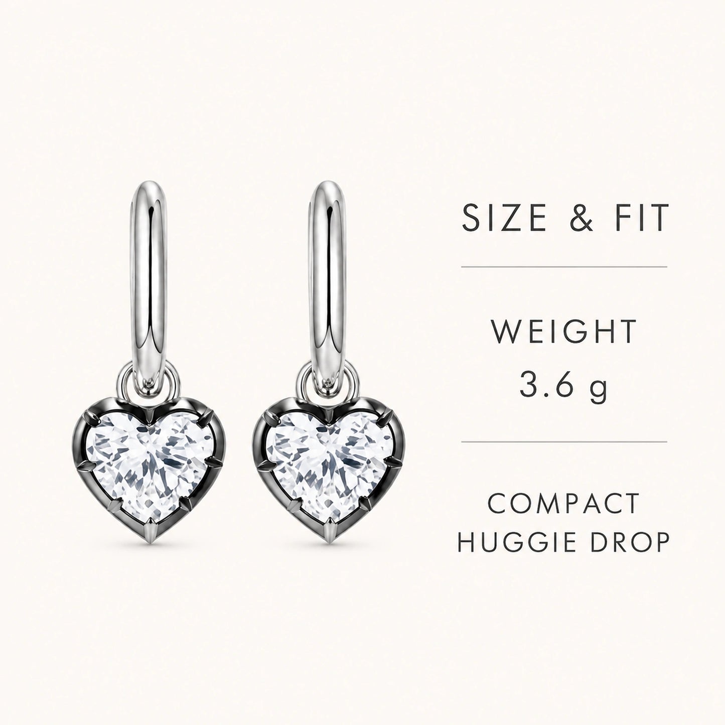 Heart crystal huggie earrings weight and compact drop fit details