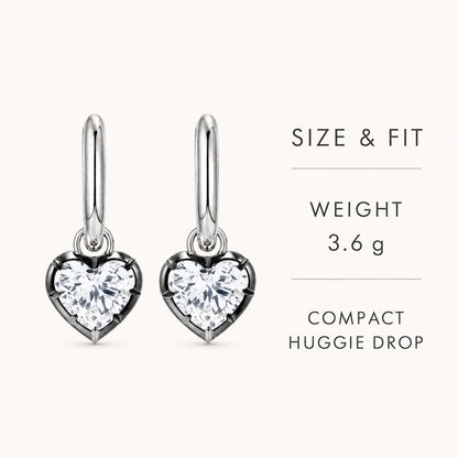 Heart crystal huggie earrings weight and compact drop fit details