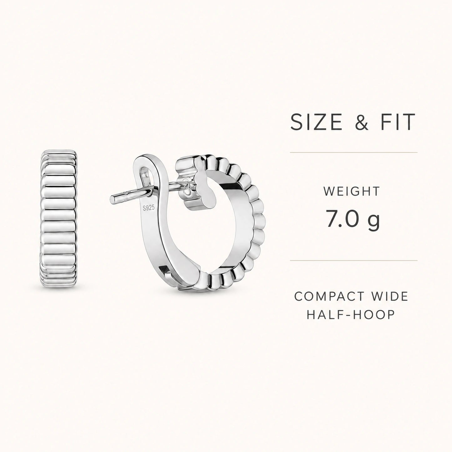 Ribbed silver half-hoop earrings weight and compact wide fit details