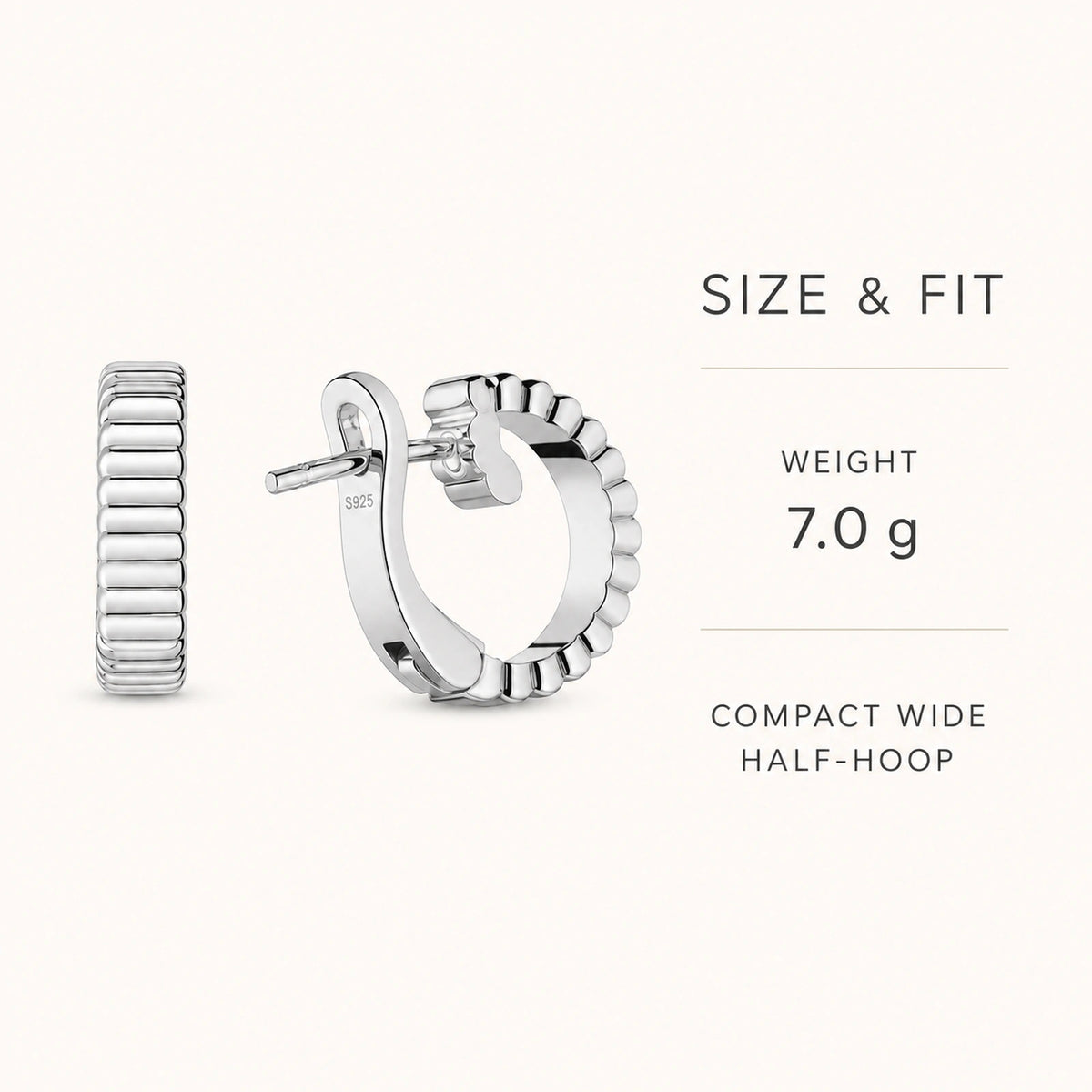 Ribbed silver half-hoop earrings weight and compact wide fit details