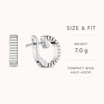 Ribbed silver half-hoop earrings weight and compact wide fit details