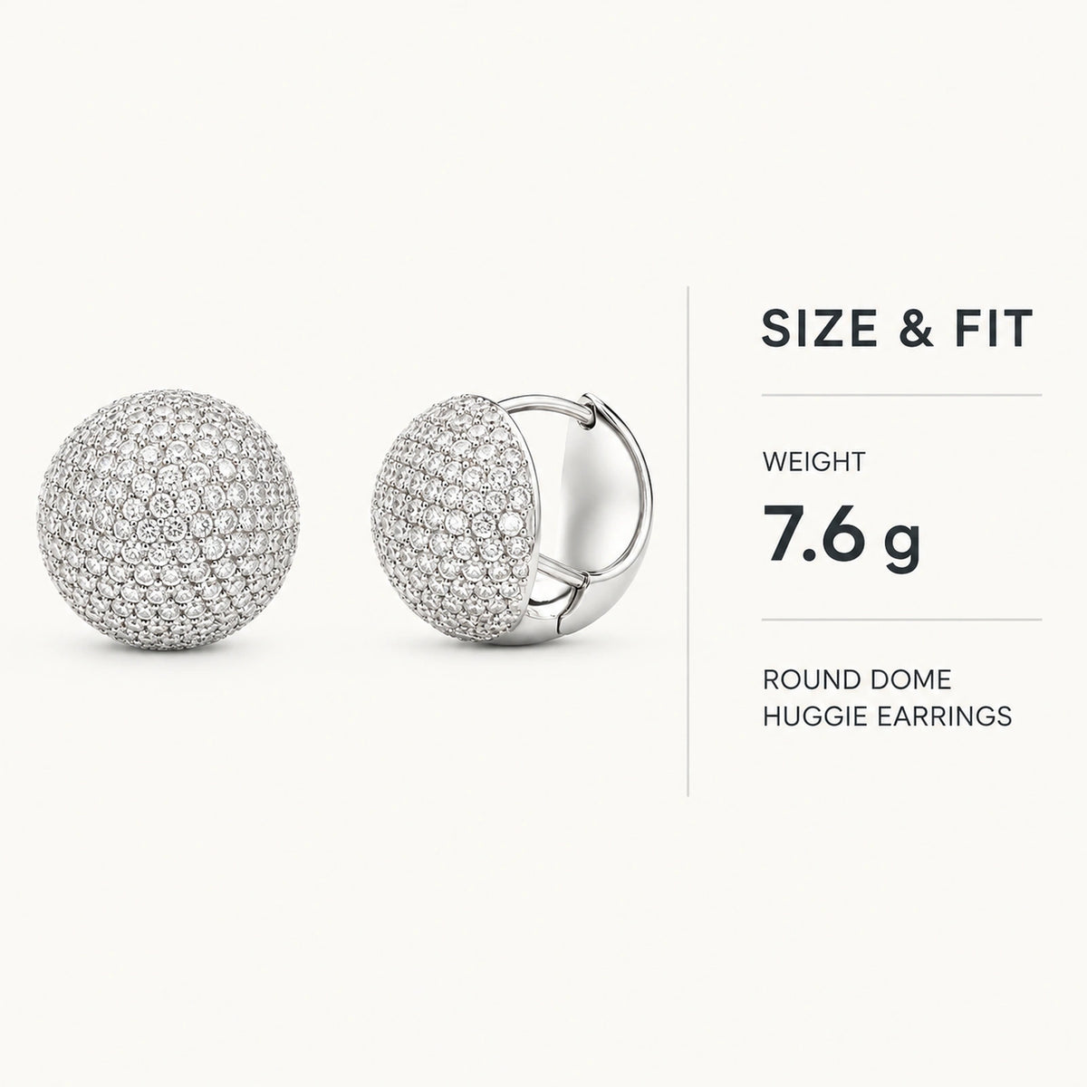 Size and fit infographic for round dome huggie earrings showing 7.6 g weight