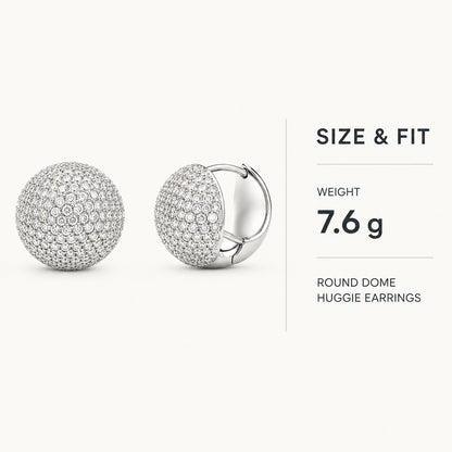 Size and fit infographic for round dome huggie earrings showing 7.6 g weight