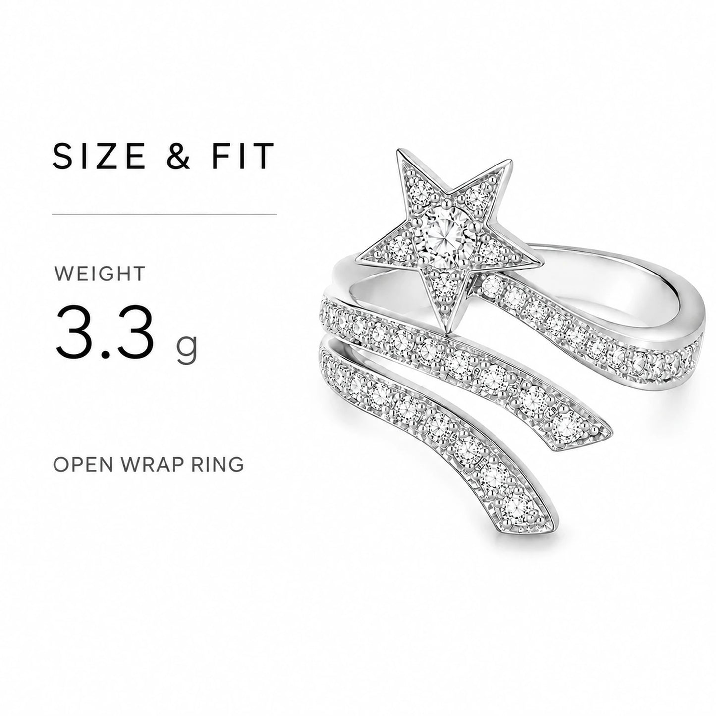Shooting star open wrap ring size and weight graphic showing 3.3 grams