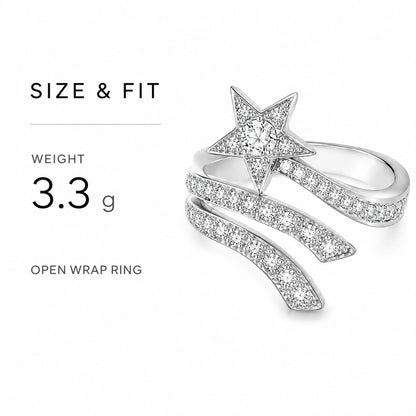 Shooting star open wrap ring size and weight graphic showing 3.3 grams