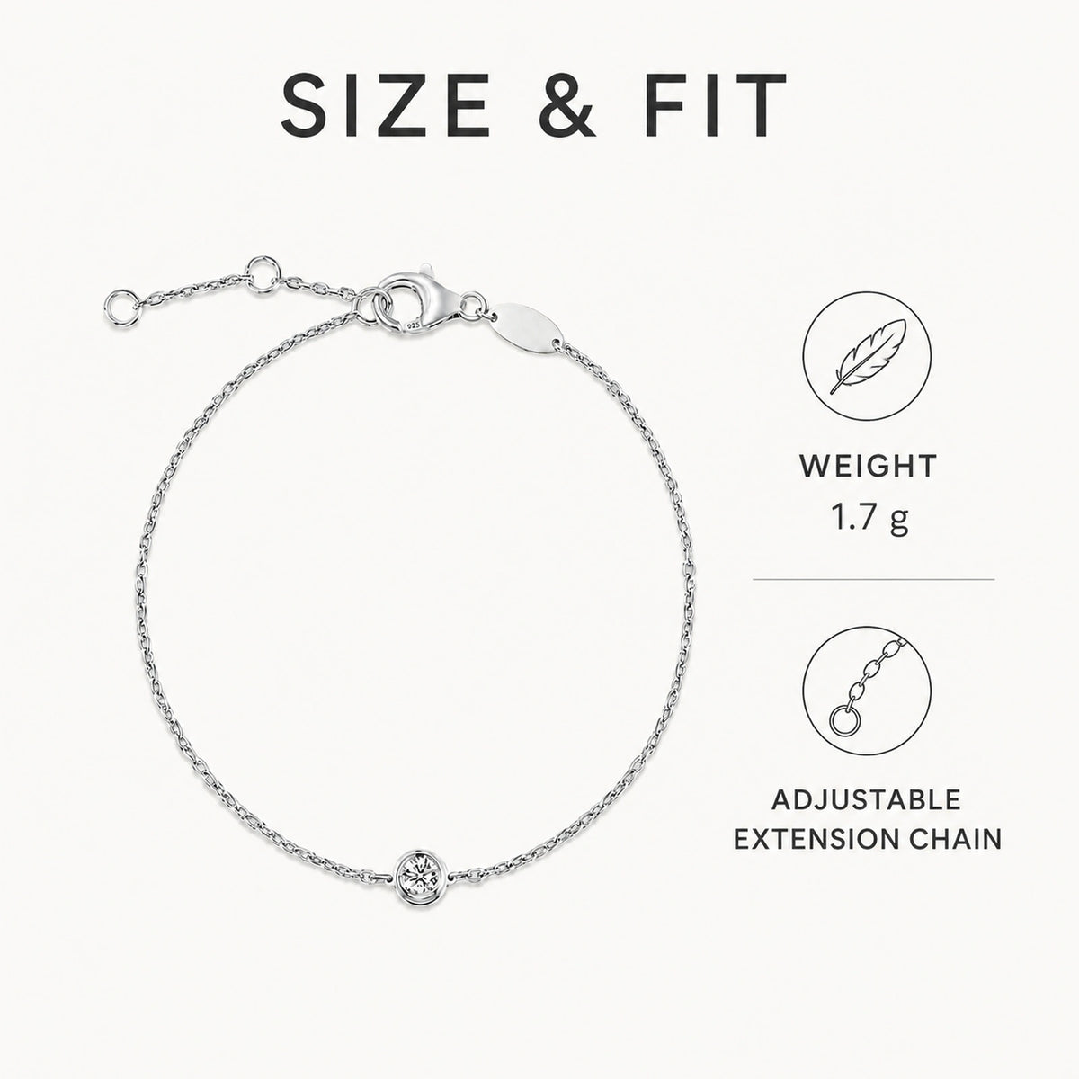 925 silver solitaire crystal bracelet weight and adjustable extension details