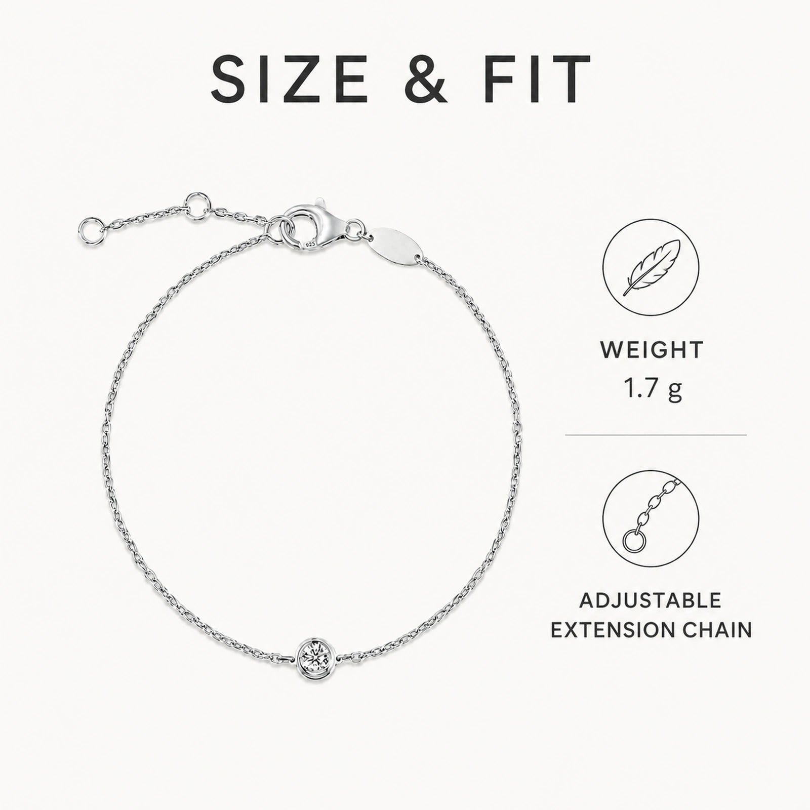 925 silver solitaire crystal bracelet weight and adjustable extension details
