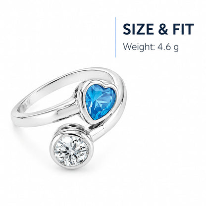 Blue heart sterling silver bypass ring size and weight graphic showing 4.6 g
