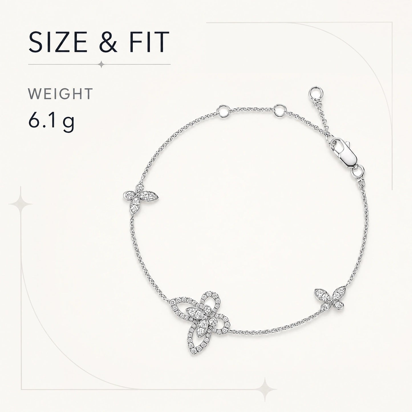 Crystal butterfly bracelet size and 6.1 g weight infographic