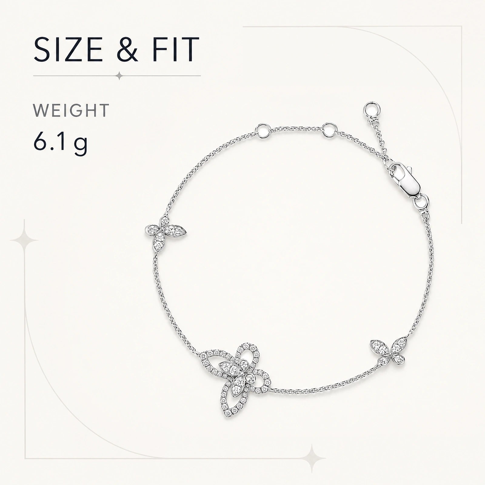 Crystal butterfly bracelet size and 6.1 g weight infographic