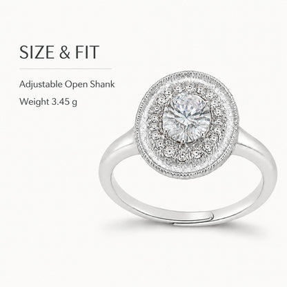 Adjustable oval halo sterling silver ring size and 3.45 g weight graphic