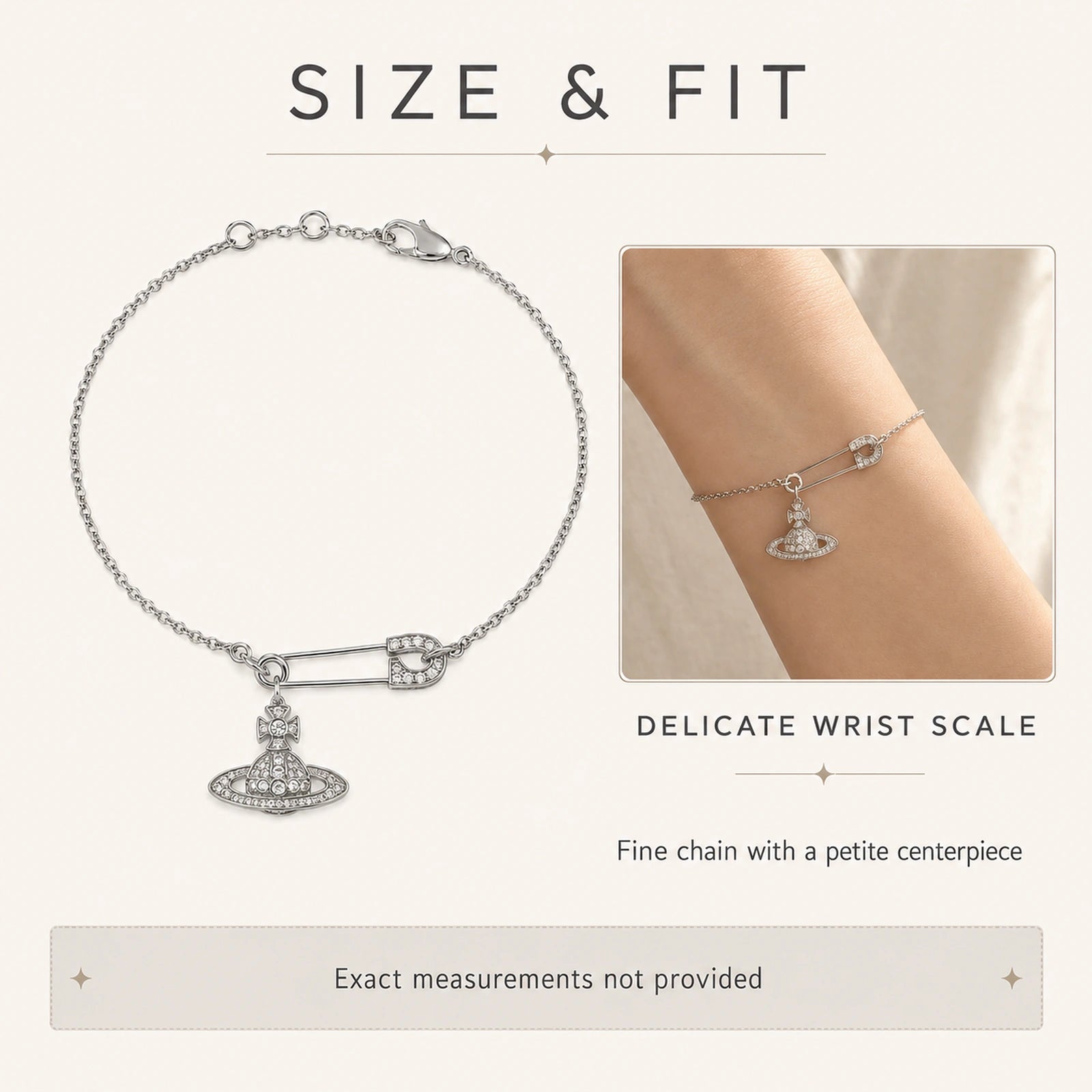 Size and fit guide showing the delicate wrist scale of a safety pin orb charm bracelet.