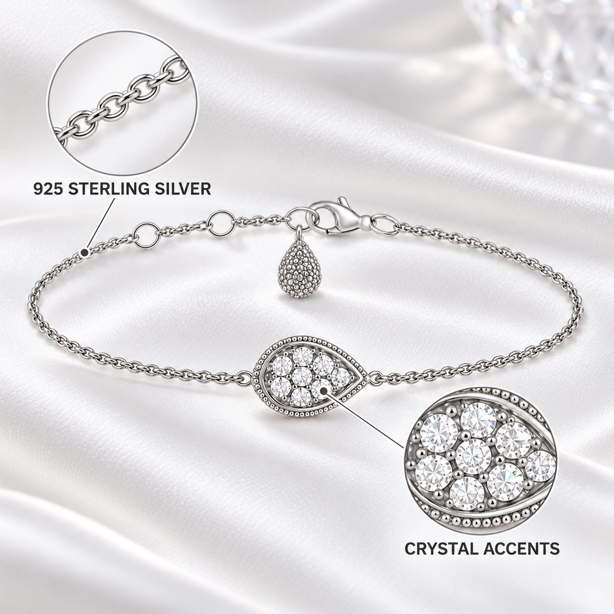 925 sterling silver bracelet with crystal accents inside the teardrop centerpiece.