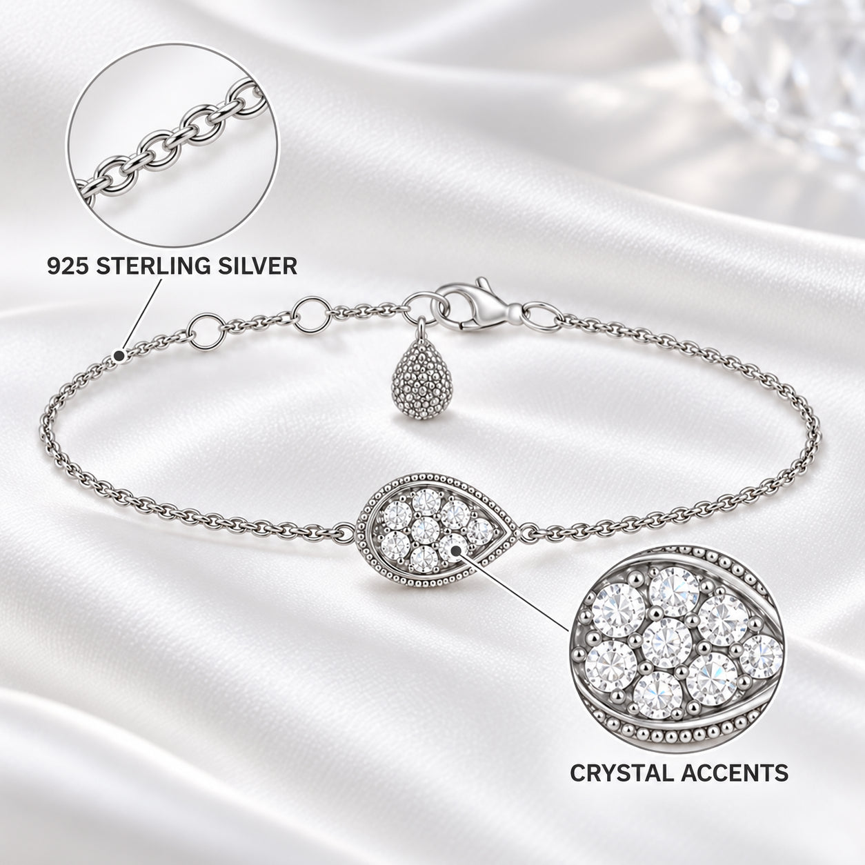 925 sterling silver bracelet with crystal accents inside the teardrop centerpiece.
