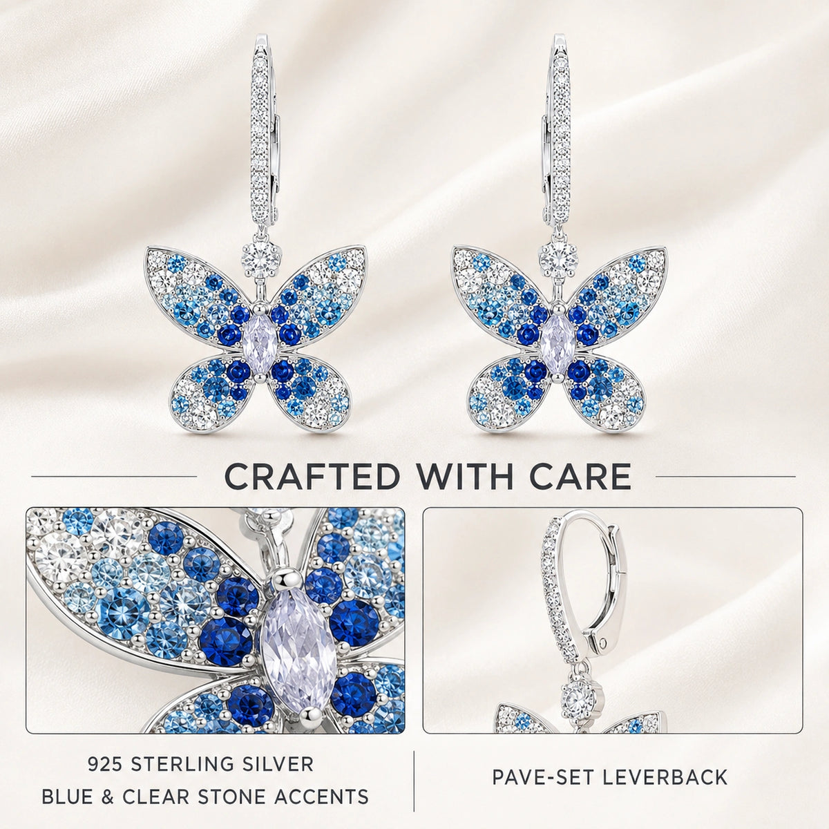 Material infographic showing 925 sterling silver and blue and clear stone accents